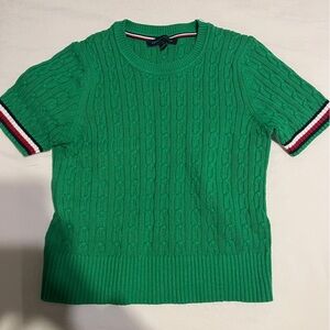 Tommy Hilfiger Green Cable Knit Short Sleeve Sweater with Signature Stripe Cuffs